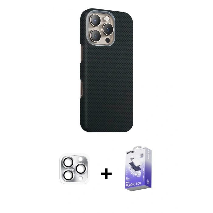 MARSİLYAN™- iPhone 16 Pro Max Kılıf Kozmos Klasik Prime - Siyah Bilvis 5in1 5D Magic Hayalet Cam Ekran Koruyucu + Pers Alüminyum Kamera Lens - GS