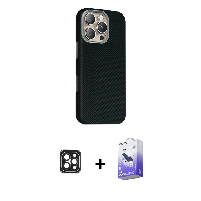 MARSİLYAN™- iPhone 16 Pro Max Kılıf Kozmos Klasik Prime - Siyah Bilvis 5in1 5D Magic Hayalet Cam Ekran Koruyucu + Siyah PVD Metal Kamera Lens