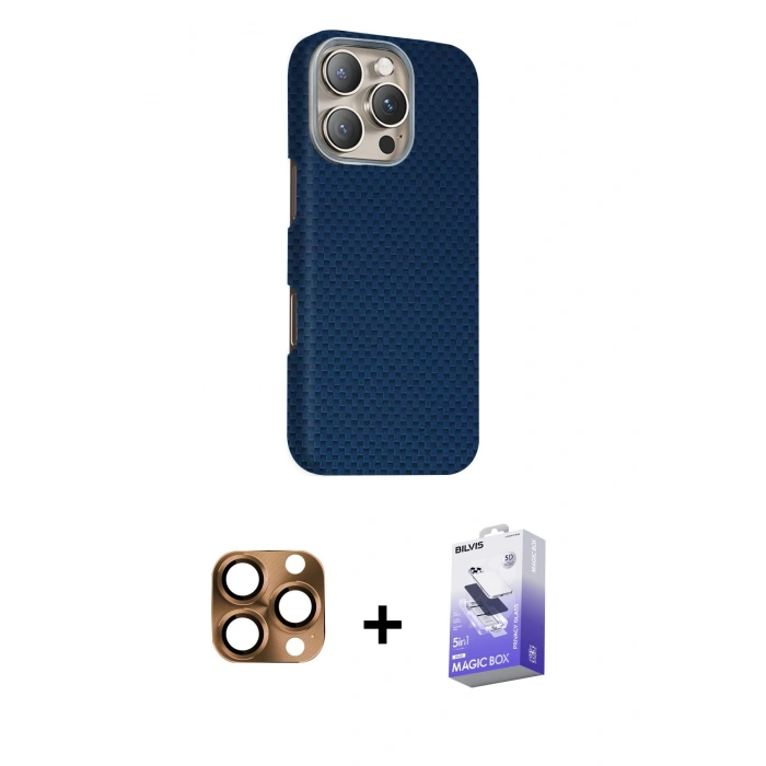 MARSİLYAN™- iPhone 16 Pro Max Kılıf Kozmos Klasik Prime - Siyah Bilvis 5in1 5D Magic Hayalet Cam Ekran Koruyucu + Pers Alüminyum Kamera Lens - CLTM