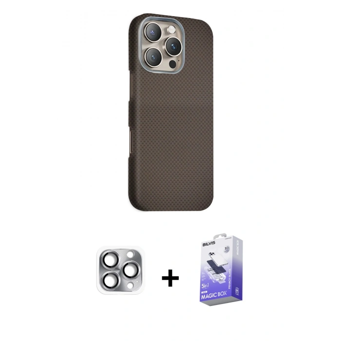 MARSİLYAN™- iPhone 16 Pro Max Kılıf Kozmos Klasik Prime - Siyah Bilvis 5in1 5D Magic Hayalet Cam Ekran Koruyucu + Gri Pers Alüminyum Kamera Lens