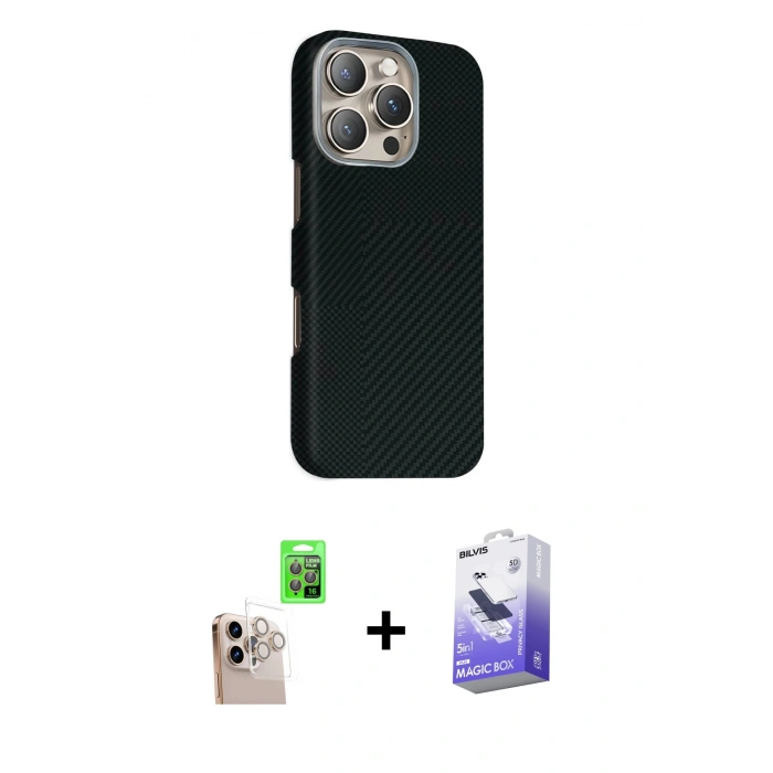 MARSİLYAN™- iPhone 16 Pro Max Kılıf Kozmos Klasik Prime - Siyah Bilvis 5in1 5D Magic Hayalet Cam Ekran Koruyucu + Raze Metal Kamera Lens - NLGY