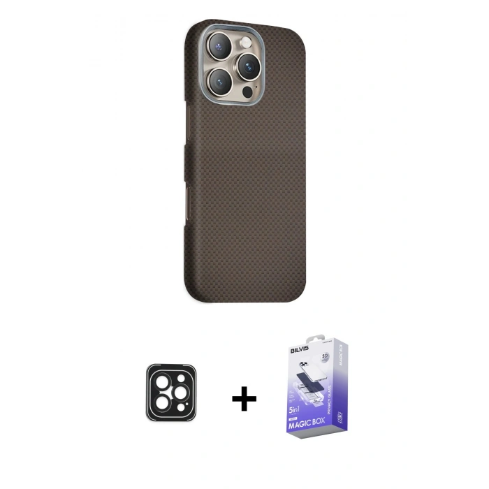 MARSİLYAN™- iPhone 16 Pro Max Kılıf Kozmos Klasik Prime - Siyah Bilvis 5in1 5D Magic Hayalet Cam Ekran Koruyucu + Siyah PVD Metal Kamera Lens
