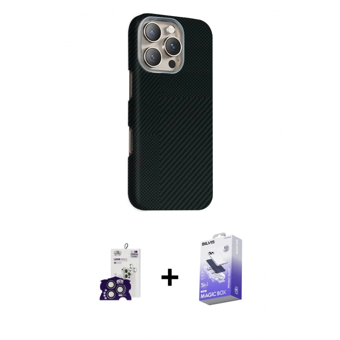 MARSİLYAN™- iPhone 16 Pro Max Kılıf Kozmos Klasik Prime - Siyah Bilvis 5in1 5D Magic Hayalet Cam Ekran Koruyucu + Titanyum Gri Bilvis Titan Kamera Lens