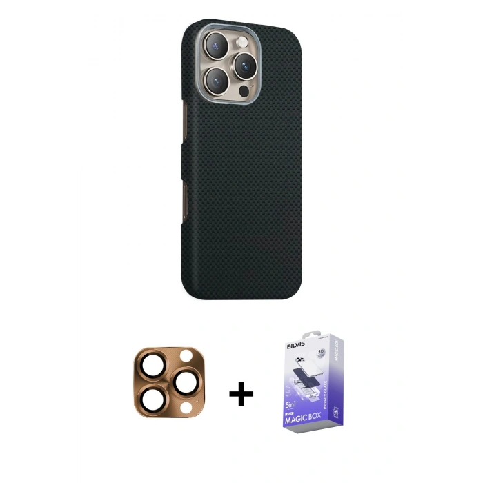 MARSİLYAN™- iPhone 16 Pro Max Kılıf Kozmos Klasik Prime - Siyah Bilvis 5in1 5D Magic Hayalet Cam Ekran Koruyucu + Pers Alüminyum Kamera Lens - CLTM