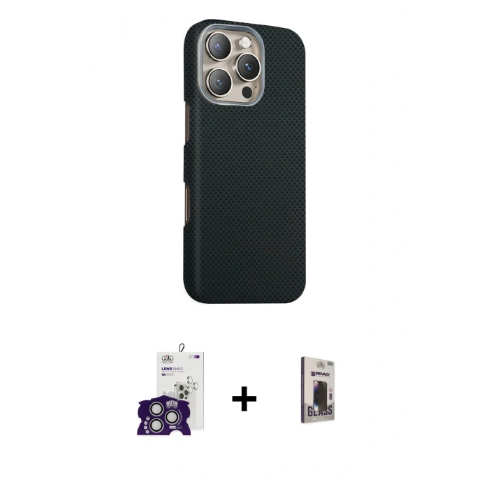 MARSİLYAN™- iPhone 16 Pro Max Kılıf Kozmos Klasik Prime - Siyah Bilvis Hayalet Cam Ekran Koruyucu + Bilvis Titan Kamera Lens - GS