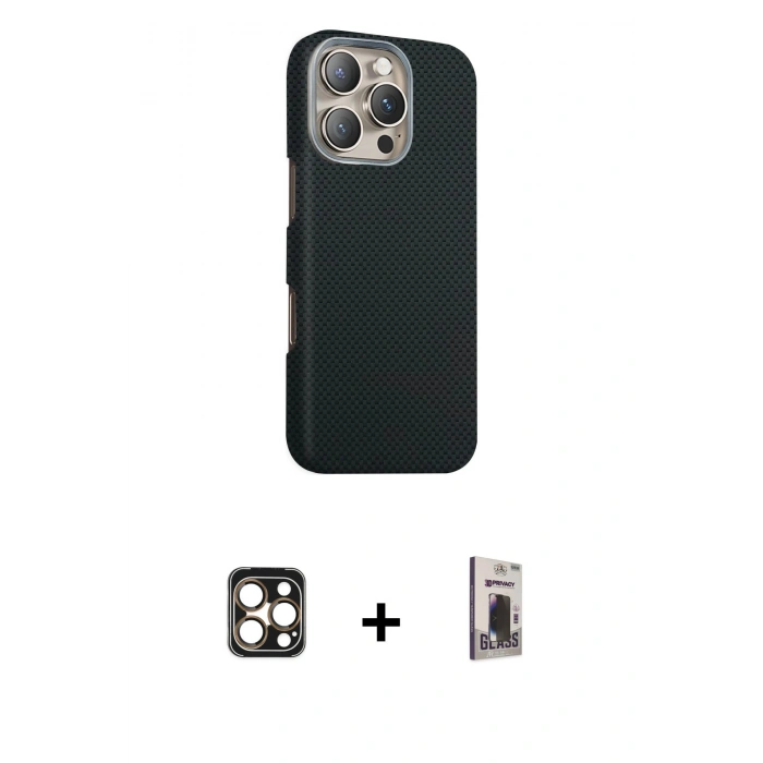 MARSİLYAN™- iPhone 16 Pro Max Kılıf Kozmos Klasik Prime - Siyah Bilvis Hayalet Cam Ekran Koruyucu + PVD Metal Kamera Lens - GD