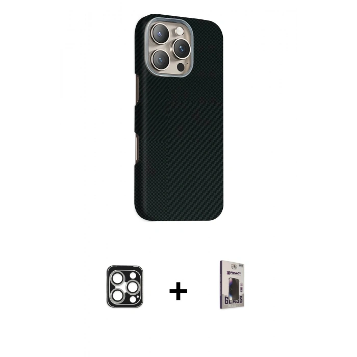 MARSİLYAN™- iPhone 16 Pro Max Kılıf Kozmos Klasik Prime - Siyah Bilvis Hayalet Cam Ekran Koruyucu + PVD Metal Kamera Lens - GS