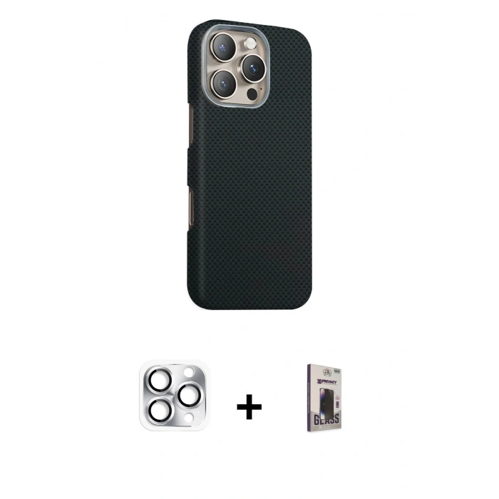 MARSİLYAN™- iPhone 16 Pro Max Kılıf Kozmos Klasik Prime - Siyah Bilvis Hayalet Cam Ekran Koruyucu + Pers Alüminyum Kamera Lens - GS