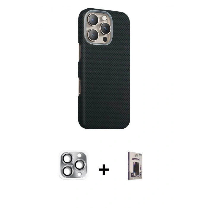 MARSİLYAN™- iPhone 16 Pro Max Kılıf Kozmos Klasik Prime - Siyah Bilvis Hayalet Cam Ekran Koruyucu + Pers Alüminyum Kamera Lens - GI