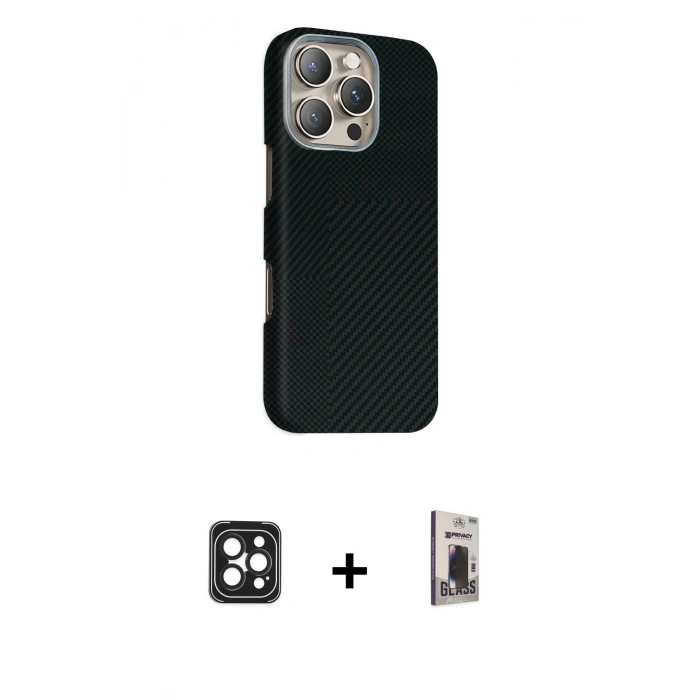 MARSİLYAN™- iPhone 16 Pro Max Kılıf Kozmos Klasik Prime - Siyah Bilvis Hayalet Cam Ekran Koruyucu + PVD Metal Kamera Lens - SH