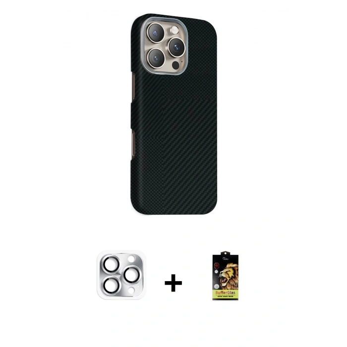 MARSİLYAN™- iPhone 16 Pro Max Kılıf Kozmos Klasik Prime - Siyah Buffer Cam Ekran Koruyucu + Gümüş Pers Alüminyum Kamera Lens