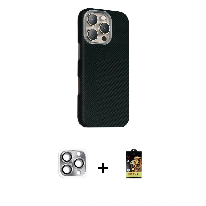 MARSİLYAN™- iPhone 16 Pro Max Kılıf Kozmos Klasik Prime - Siyah Buffer Cam Ekran Koruyucu + Pers Alüminyum Kamera Lens - GI