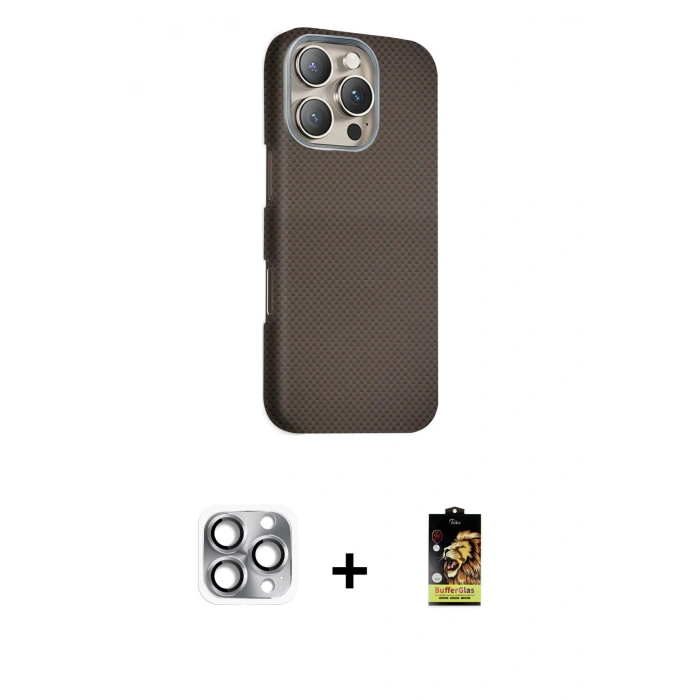 MARSİLYAN™- iPhone 16 Pro Max Kılıf Kozmos Klasik Prime - Siyah Buffer Cam Ekran Koruyucu + Pers Alüminyum Kamera Lens - GI