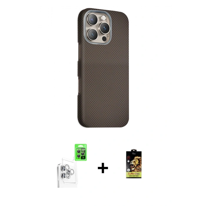 MARSİLYAN™- iPhone 16 Pro Max Kılıf Kozmos Klasik Prime - Siyah Buffer Cam Ekran Koruyucu + Raze Metal Kamera Lens - BZ