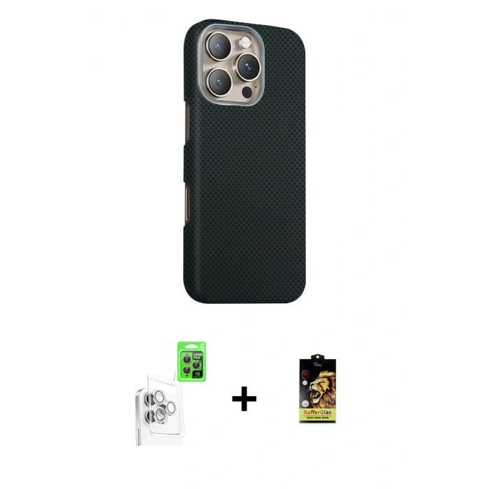 MARSİLYAN™- iPhone 16 Pro Max Kılıf Kozmos Klasik Prime - Siyah Buffer Cam Ekran Koruyucu + Raze Metal Kamera Lens - BZ