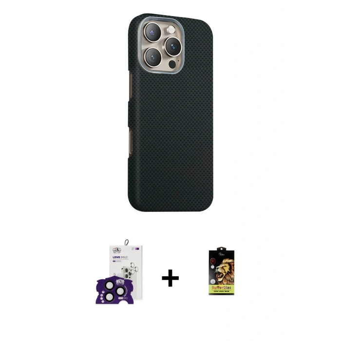 MARSİLYAN™- iPhone 16 Pro Max Kılıf Kozmos Klasik Prime - Siyah Buffer Cam Ekran Koruyucu + Bilvis Titan Kamera Lens - SH