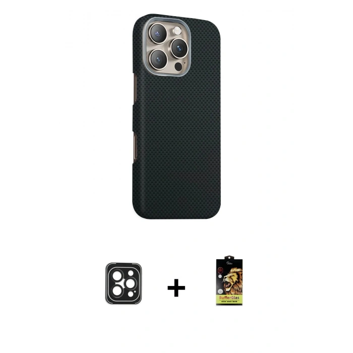 MARSİLYAN™- iPhone 16 Pro Max Kılıf Kozmos Klasik Prime - Siyah Buffer Cam Ekran Koruyucu + PVD Metal Kamera Lens - SH