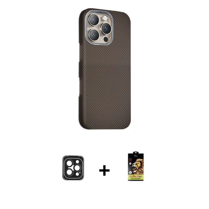 MARSİLYAN™- iPhone 16 Pro Max Kılıf Kozmos Klasik Prime - Siyah Buffer Cam Ekran Koruyucu + PVD Metal Kamera Lens - SH