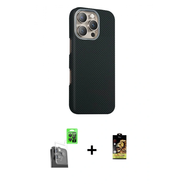 MARSİLYAN™- iPhone 16 Pro Max Kılıf Kozmos Klasik Prime - Siyah Buffer Cam Ekran Koruyucu + Raze Metal Kamera Lens - SH