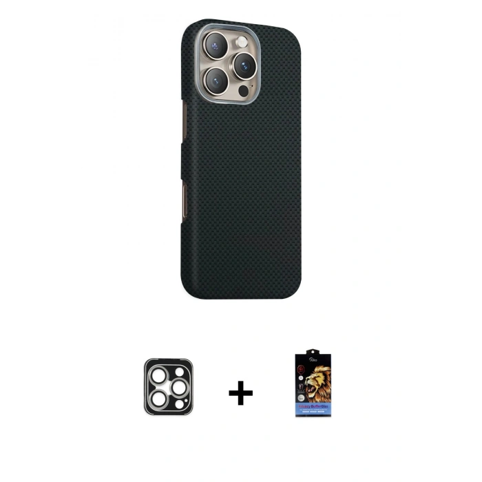 MARSİLYAN™- iPhone 16 Pro Max Kılıf Kozmos Klasik Prime - Siyah Buffer Hayalet Cam Ekran Koruyucu + PVD Metal Kamera Lens - GS