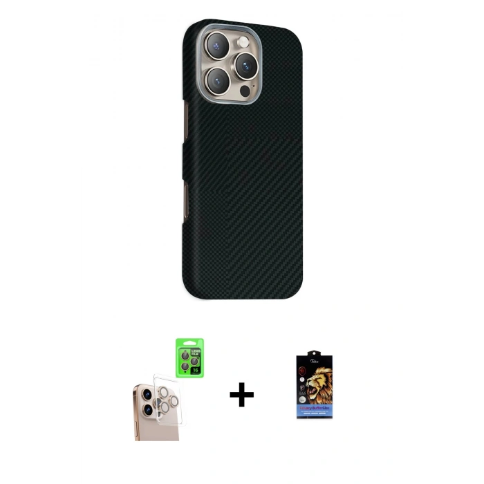 MARSİLYAN™- iPhone 16 Pro Max Kılıf Kozmos Klasik Prime - Siyah Buffer Hayalet Cam Ekran Koruyucu + Raze Metal Kamera Lens - NLGY