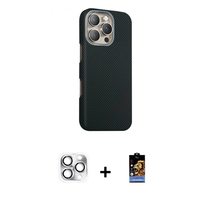 MARSİLYAN™- iPhone 16 Pro Max Kılıf Kozmos Klasik Prime - Siyah Buffer Hayalet Cam Ekran Koruyucu + Pers Alüminyum Kamera Lens - GS