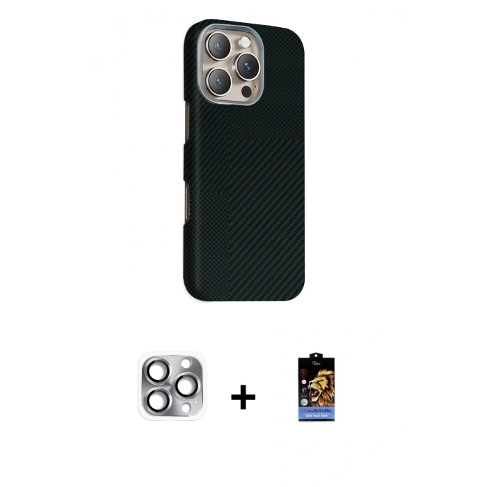 MARSİLYAN™- iPhone 16 Pro Max Kılıf Kozmos Klasik Prime - Siyah Buffer Hayalet Cam Ekran Koruyucu + Pers Alüminyum Kamera Lens - GI