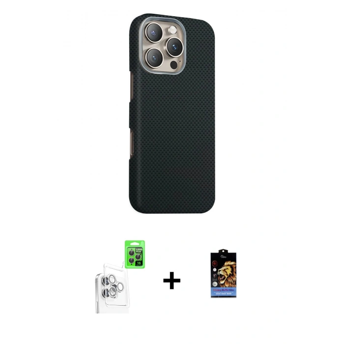 MARSİLYAN™- iPhone 16 Pro Max Kılıf Kozmos Klasik Prime - Siyah Buffer Hayalet Cam Ekran Koruyucu + Raze Metal Kamera Lens - BZ