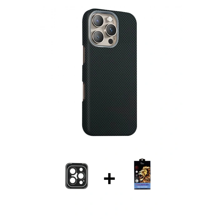 MARSİLYAN™- iPhone 16 Pro Max Kılıf Kozmos Klasik Prime - Siyah Buffer Hayalet Cam Ekran Koruyucu + Siyah PVD Metal Kamera Lens