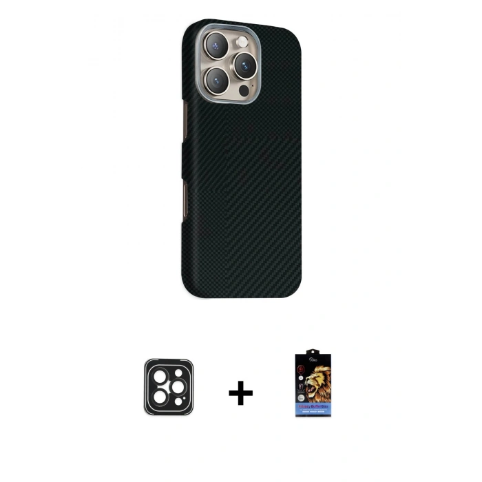 MARSİLYAN™- iPhone 16 Pro Max Kılıf Kozmos Klasik Prime - Siyah Buffer Hayalet Cam Ekran Koruyucu + Siyah PVD Metal Kamera Lens