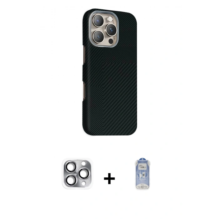 MARSİLYAN™- iPhone 16 Pro Max Kılıf Kozmos Klasik Prime - Siyah Joko Magic 5D Cam + Pers Alüminyum Kamera Lens - GI