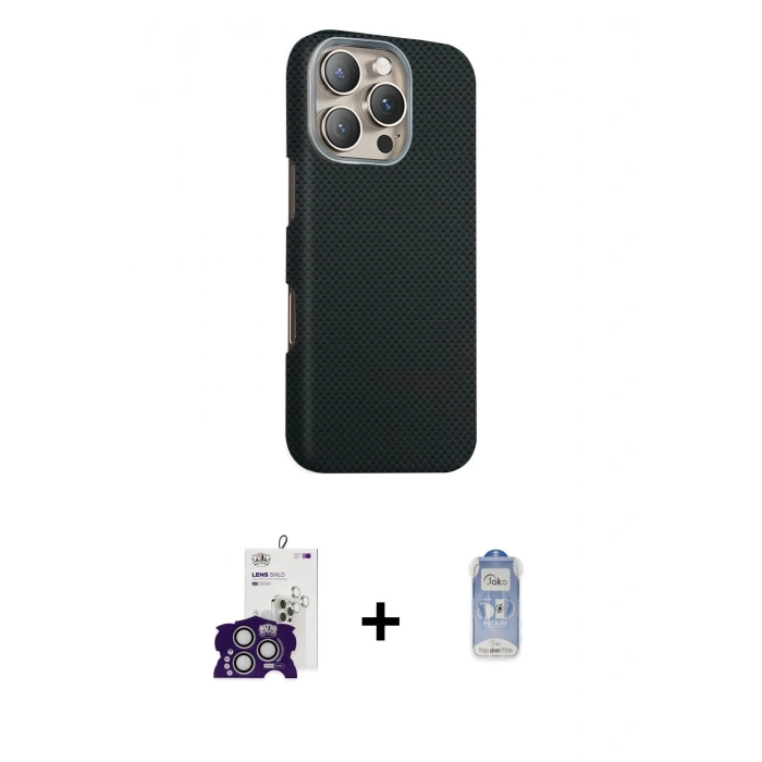 MARSİLYAN™- iPhone 16 Pro Max Kılıf Kozmos Klasik Prime - Siyah Joko Magic 5D Cam + Gümüş Bilvis Titan Kamera Lens