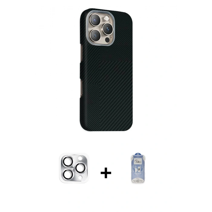 MARSİLYAN™- iPhone 16 Pro Max Kılıf Kozmos Klasik Prime - Siyah Joko Magic 5D Cam + Pers Alüminyum Kamera Lens - GS