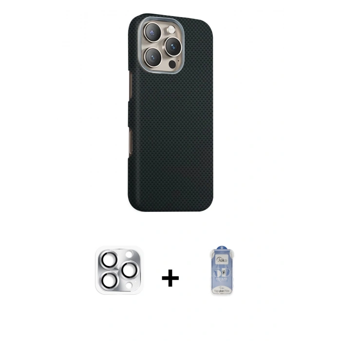 MARSİLYAN™- iPhone 16 Pro Max Kılıf Kozmos Klasik Prime - Siyah Joko Magic 5D Cam + Pers Alüminyum Kamera Lens - GS