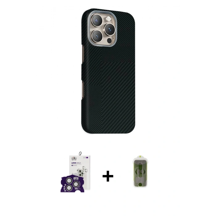 MARSİLYAN™- iPhone 16 Pro Max Kılıf Kozmos Klasik Prime - Siyah Joko Magic 5D Hayalet Cam + Gümüş Bilvis Titan Kamera Lens