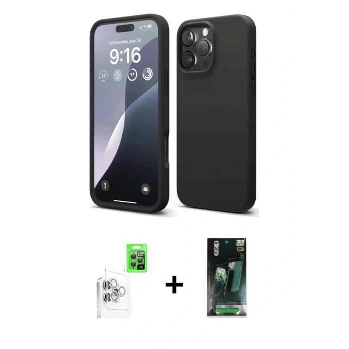 MARSİLYAN™- iPhone 16 Pro Max Kılıf Kozmos Yansıma Özel Seri - Siyah 360 Mat Full Body Arka Koruyucu + Raze Metal Kamera Lens - BZ