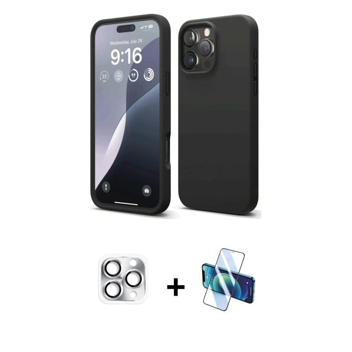 MARSİLYAN™- iPhone 16 Pro Max Kılıf Kozmos Yansıma Özel Seri - Siyah 3D Antistatik Cam Ekran Koruyucu + Pers Alüminyum Kamera Lens - GS