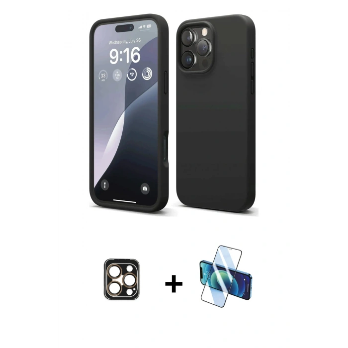 MARSİLYAN™- iPhone 16 Pro Max Kılıf Kozmos Yansıma Özel Seri - Siyah 3D Antistatik Cam Ekran Koruyucu + PVD Metal Kamera Lens - GD