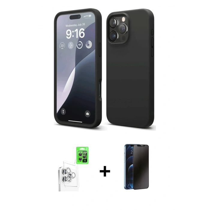 MARSİLYAN™- iPhone 16 Pro Max Kılıf Kozmos Yansıma Özel Seri - Siyah 3D Antistatik Hayalet Cam Ekran Koruyucu + Raze Metal Kamera Lens - BZ