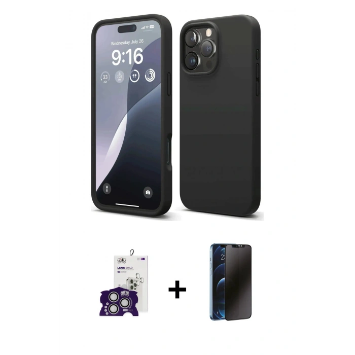 MARSİLYAN™- iPhone 16 Pro Max Kılıf Kozmos Yansıma Özel Seri - Siyah 3D Antistatik Hayalet Cam Ekran Koruyucu + Bilvis Titan Kamera Lens - GS