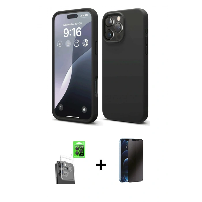 MARSİLYAN™- iPhone 16 Pro Max Kılıf Kozmos Yansıma Özel Seri - Siyah 3D Antistatik Hayalet Cam Ekran Koruyucu + Raze Metal Kamera Lens - SH