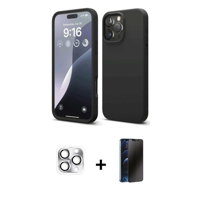 MARSİLYAN™- iPhone 16 Pro Max Kılıf Kozmos Yansıma Özel Seri - Siyah 3D Antistatik Hayalet Cam Ekran Koruyucu + Pers Alüminyum Kamera Lens - GS