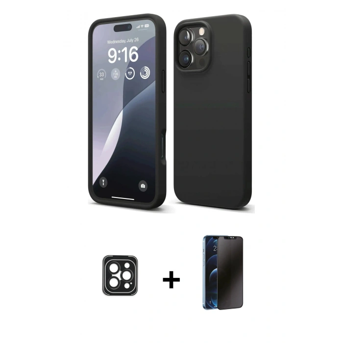 MARSİLYAN™- iPhone 16 Pro Max Kılıf Kozmos Yansıma Özel Seri - Siyah 3D Antistatik Hayalet Cam Ekran Koruyucu + PVD Metal Kamera Lens - SH