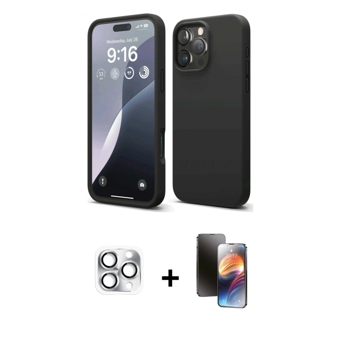 MARSİLYAN™- iPhone 16 Pro Max Kılıf Kozmos Yansıma Özel Seri - Siyah 3D Antistatik Mat Seramik Nano Ekran Koruyucu + Pers Alüminyum Kamera Lens - GS