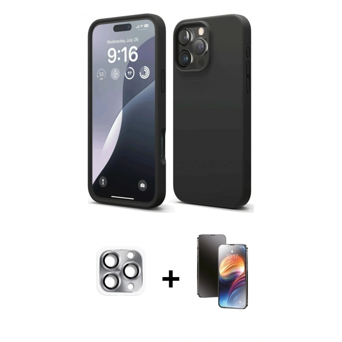 MARSİLYAN™- iPhone 16 Pro Max Kılıf Kozmos Yansıma Özel Seri - Siyah 3D Antistatik Mat Seramik Nano Ekran Koruyucu + Pers Alüminyum Kamera Lens - GI