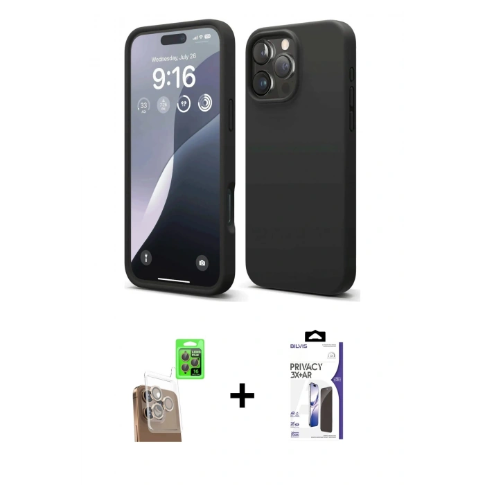 MARSİLYAN™- iPhone 16 Pro Max Kılıf Kozmos Yansıma Özel Seri - Siyah Bilvis 3X AR Hayalet Cam Ekran Koruyucu + Raze Metal Kamera Lens - CLTM