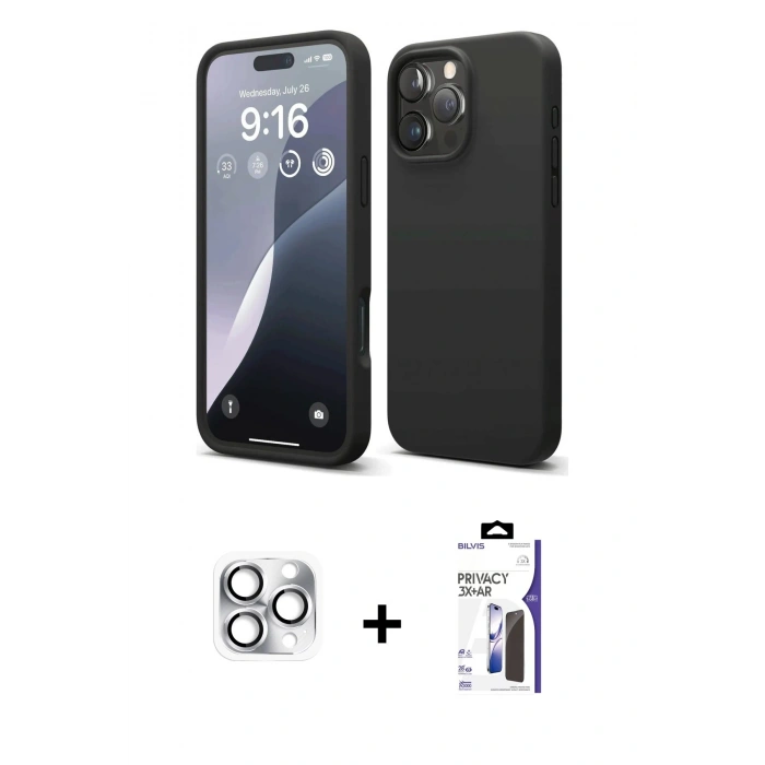 MARSİLYAN™- iPhone 16 Pro Max Kılıf Kozmos Yansıma Özel Seri - Siyah Bilvis 3X AR Hayalet Cam Ekran Koruyucu + Pers Alüminyum Kamera Lens - GS