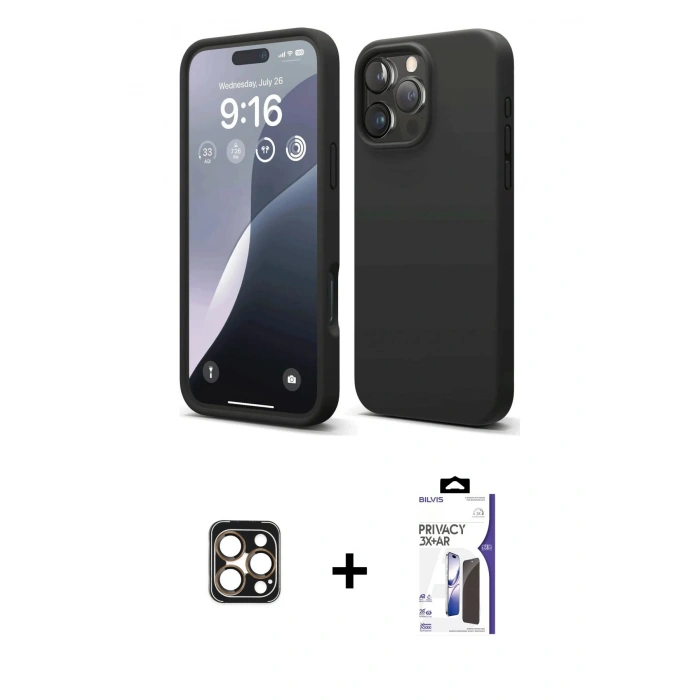 MARSİLYAN™- iPhone 16 Pro Max Kılıf Kozmos Yansıma Özel Seri - Siyah Bilvis 3X AR Hayalet Cam Ekran Koruyucu + PVD Metal Kamera Lens - GD