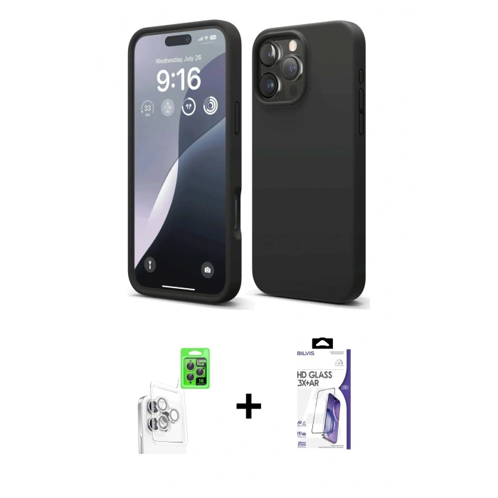 MARSİLYAN™- iPhone 16 Pro Max Kılıf Kozmos Yansıma Özel Seri - Siyah Bilvis 3X AR HD Cam Ekran Koruyucu + Raze Metal Kamera Lens - BZ