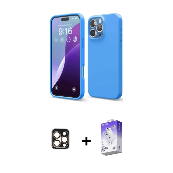 MARSİLYAN™- iPhone 16 Pro Max Kılıf Kozmos Yansıma Özel Seri - Siyah Bilvis 5in1 3D Magic Cam Ekran Koruyucu + Gold PVD Metal Kamera Lens